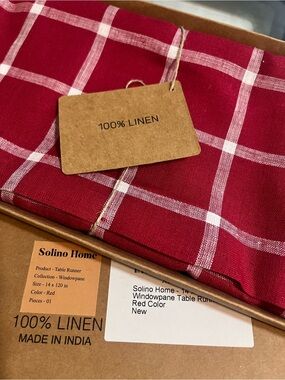 Solino Home 100% Linen New Red Windowpane 14 x 120 Table Runner